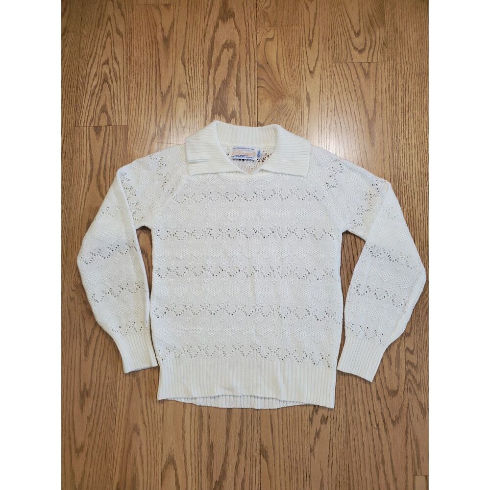 Donnkenny Vintage Womens approx S Crochet Collared Sweater 70s Virgin Acrylic